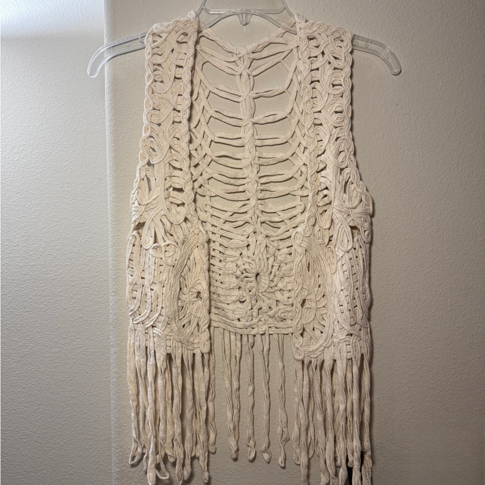 Cream Crochet Fringe Vest